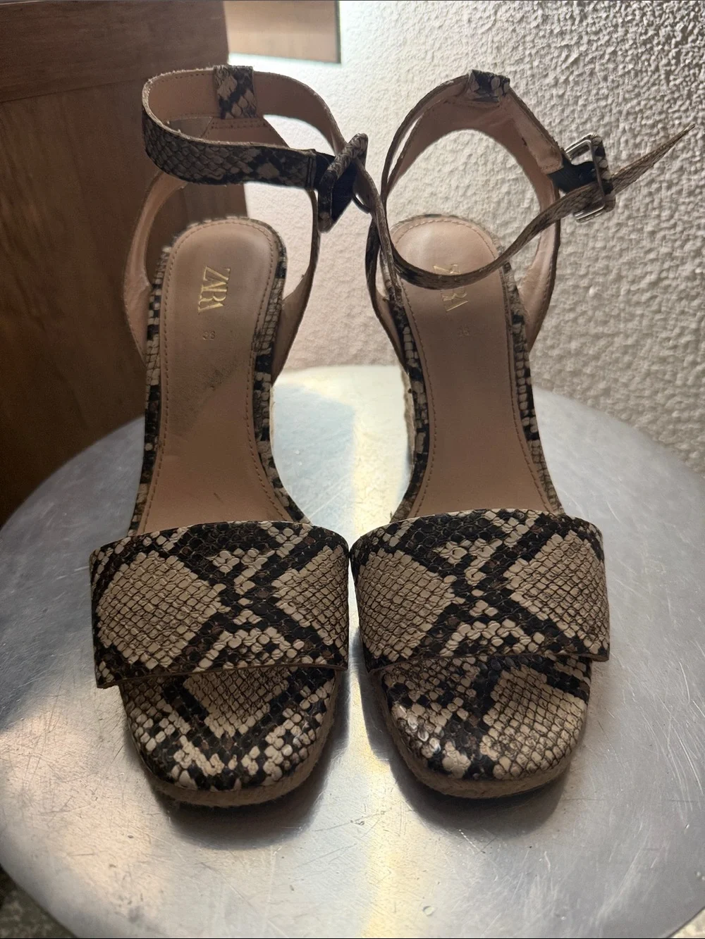 Zara Beige and Black Snake-Print Espadrille Wedge Sandals